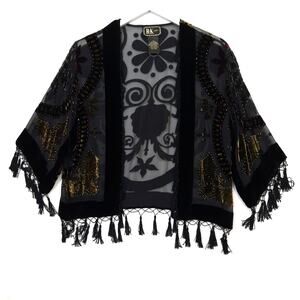 Black Silk Kimono Sz Small Velvet Burnout Floral Beaded Fringe Sheer Jacket